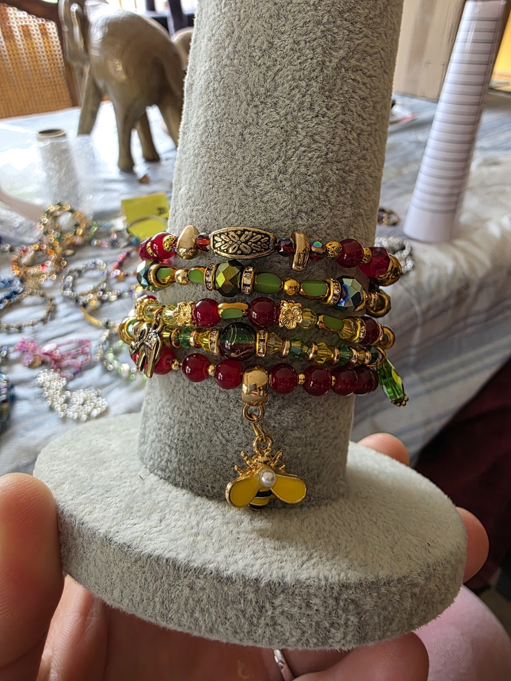 Gold-Tone Red & Green Beaded Bracelet Stacks Handmade